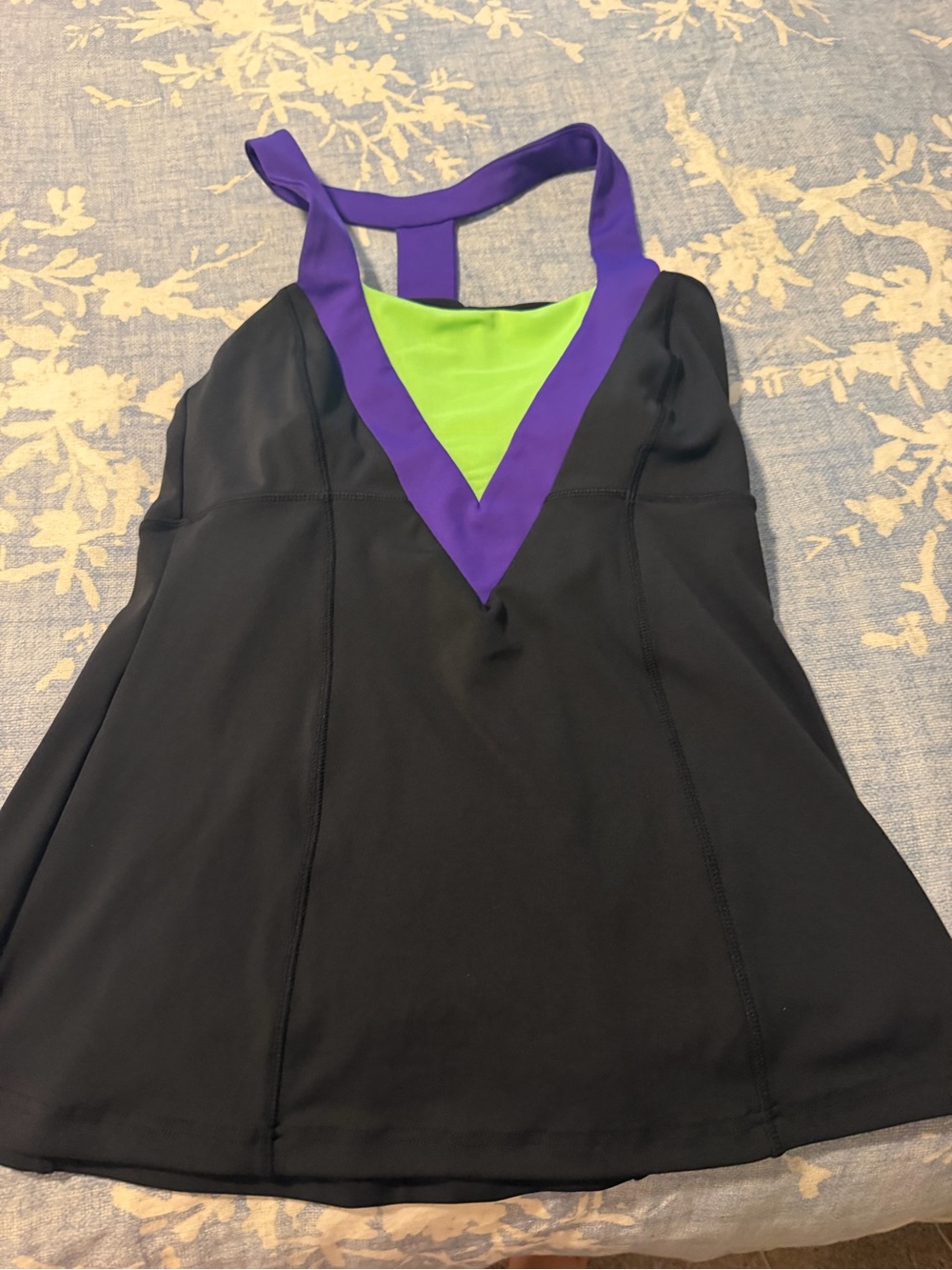 Women’s Black Tank Top with Purple Trim and Lime Green Inset